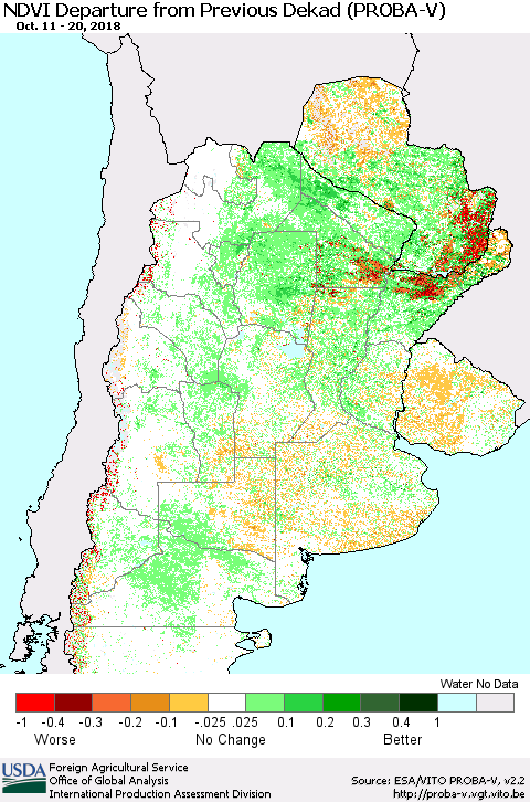 Southern South America NDVI Departure from Previous Dekad (PROBA-V) Thematic Map For 10/11/2018 - 10/20/2018
