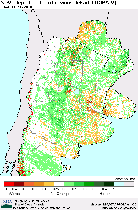Southern South America NDVI Departure from Previous Dekad (PROBA-V) Thematic Map For 11/11/2018 - 11/20/2018