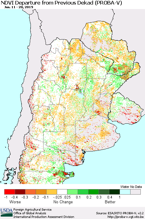 Southern South America NDVI Departure from Previous Dekad (PROBA-V) Thematic Map For 6/11/2019 - 6/20/2019