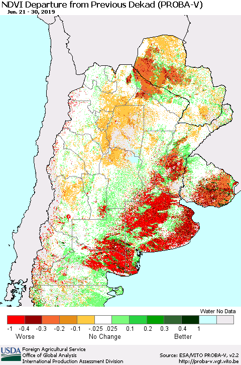 Southern South America NDVI Departure from Previous Dekad (PROBA-V) Thematic Map For 6/21/2019 - 6/30/2019