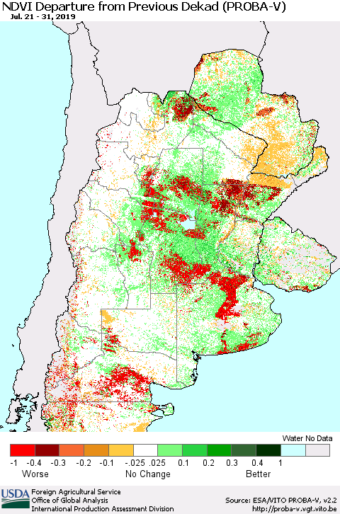 Southern South America NDVI Departure from Previous Dekad (PROBA-V) Thematic Map For 7/21/2019 - 7/31/2019