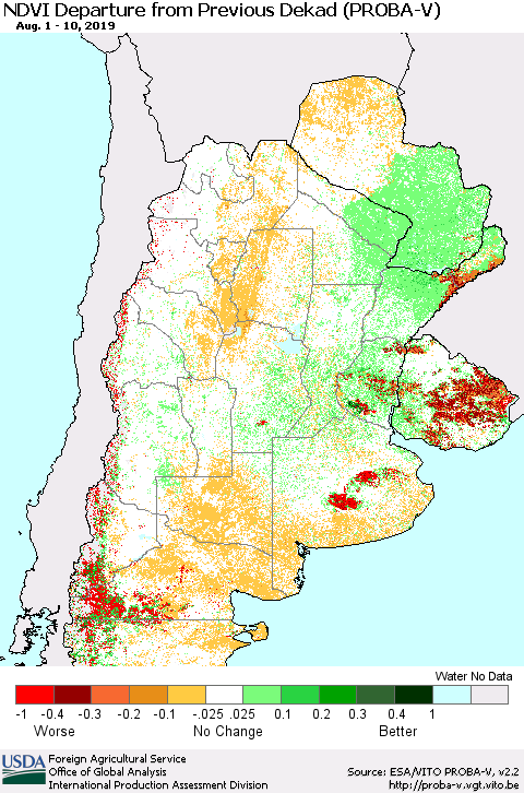 Southern South America NDVI Departure from Previous Dekad (PROBA-V) Thematic Map For 8/1/2019 - 8/10/2019
