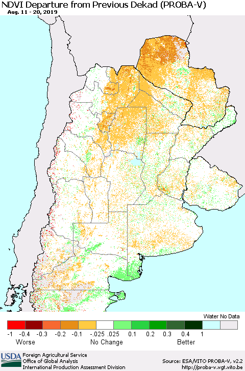 Southern South America NDVI Departure from Previous Dekad (PROBA-V) Thematic Map For 8/11/2019 - 8/20/2019