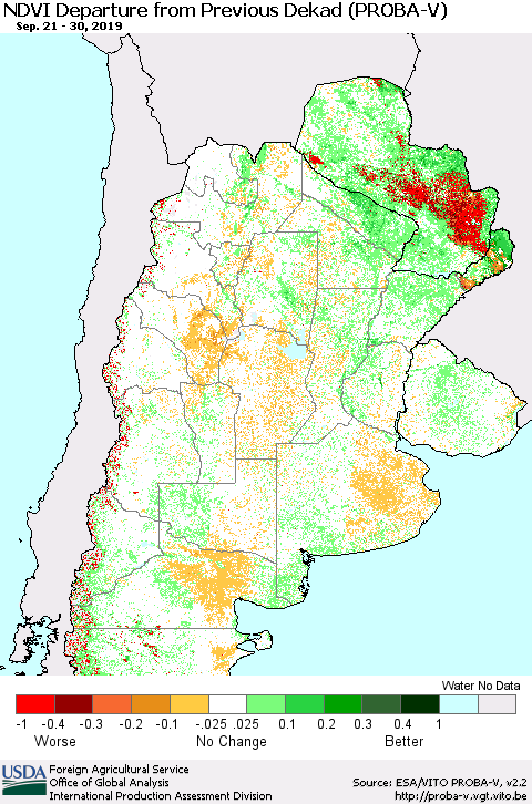 Southern South America NDVI Departure from Previous Dekad (PROBA-V) Thematic Map For 9/21/2019 - 9/30/2019