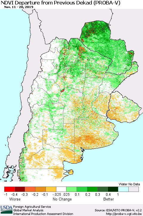 Southern South America NDVI Departure from Previous Dekad (PROBA-V) Thematic Map For 11/11/2019 - 11/20/2019