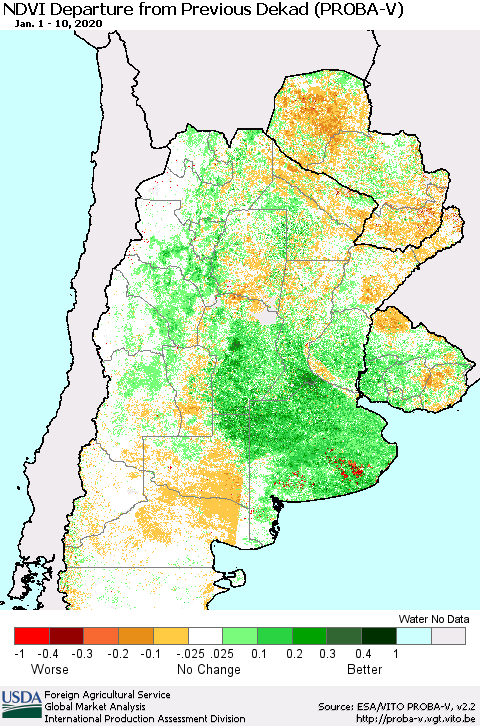 Southern South America NDVI Departure from Previous Dekad (PROBA-V) Thematic Map For 1/1/2020 - 1/10/2020