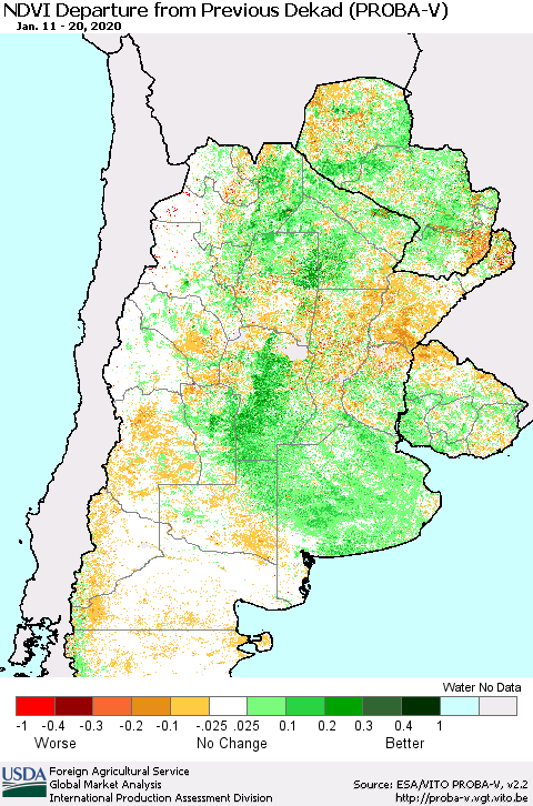 Southern South America NDVI Departure from Previous Dekad (PROBA-V) Thematic Map For 1/11/2020 - 1/20/2020