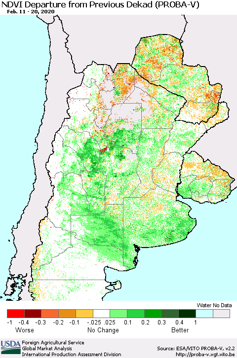 Southern South America NDVI Departure from Previous Dekad (PROBA-V) Thematic Map For 2/11/2020 - 2/20/2020