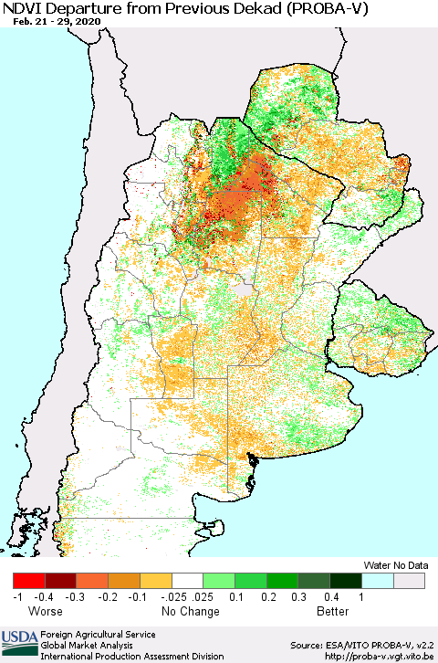 Southern South America NDVI Departure from Previous Dekad (PROBA-V) Thematic Map For 2/21/2020 - 2/29/2020