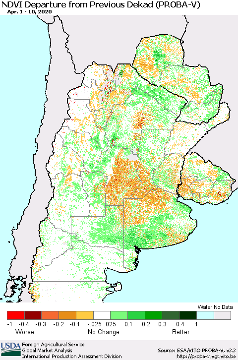 Southern South America NDVI Departure from Previous Dekad (PROBA-V) Thematic Map For 4/1/2020 - 4/10/2020