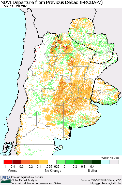 Southern South America NDVI Departure from Previous Dekad (PROBA-V) Thematic Map For 4/11/2020 - 4/20/2020