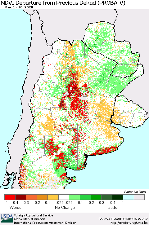 Southern South America NDVI Departure from Previous Dekad (PROBA-V) Thematic Map For 5/1/2020 - 5/10/2020