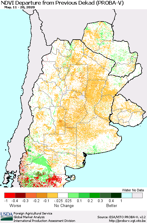 Southern South America NDVI Departure from Previous Dekad (PROBA-V) Thematic Map For 5/11/2020 - 5/20/2020