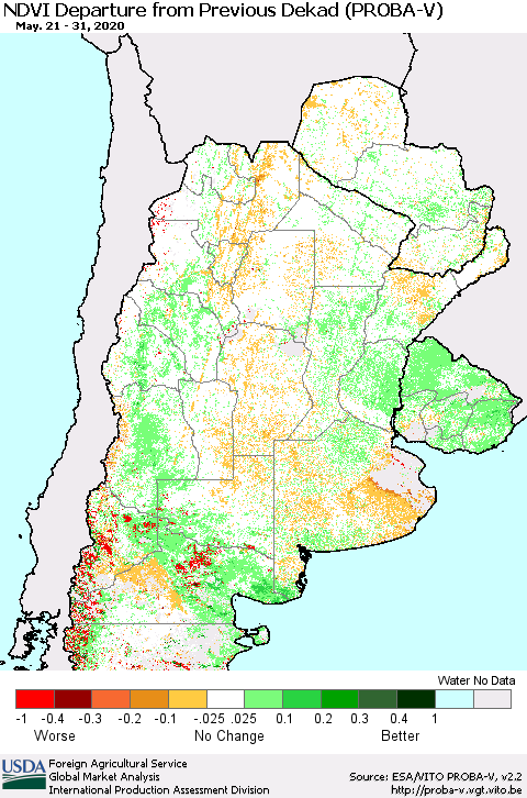 Southern South America NDVI Departure from Previous Dekad (PROBA-V) Thematic Map For 5/21/2020 - 5/31/2020