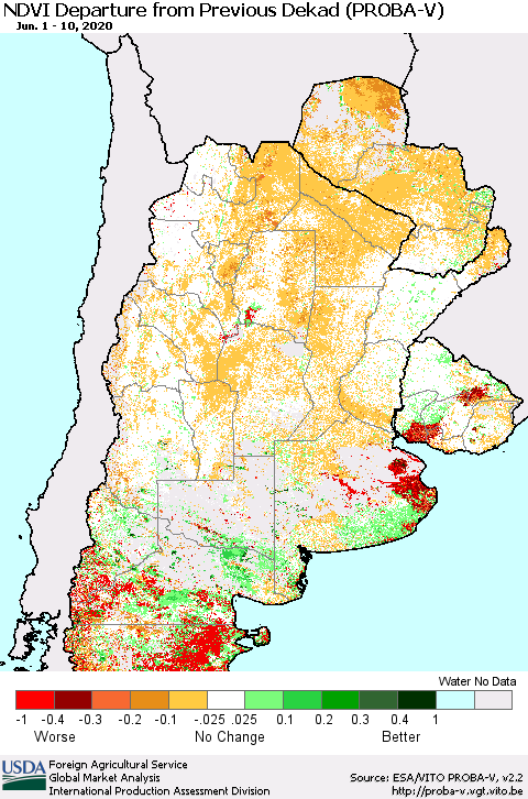 Southern South America NDVI Departure from Previous Dekad (PROBA-V) Thematic Map For 6/1/2020 - 6/10/2020
