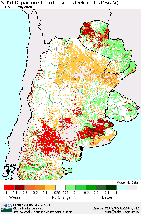 Southern South America NDVI Departure from Previous Dekad (PROBA-V) Thematic Map For 6/11/2020 - 6/20/2020