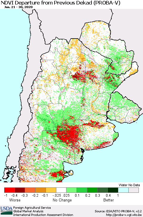 Southern South America NDVI Departure from Previous Dekad (PROBA-V) Thematic Map For 6/21/2020 - 6/30/2020