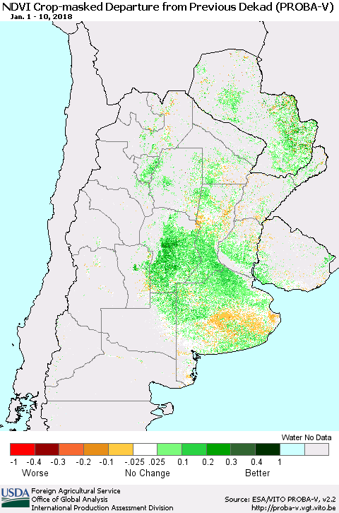 Southern South America NDVI Crop-masked Departure from Previous Dekad (PROBA-V) Thematic Map For 1/1/2018 - 1/10/2018
