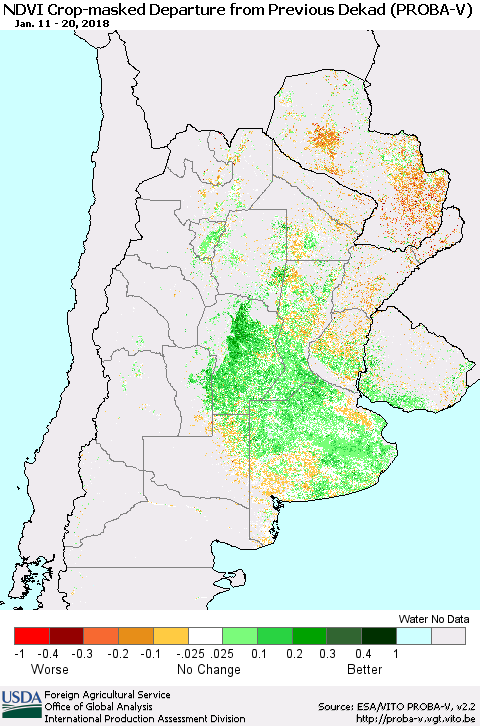 Southern South America NDVI Crop-masked Departure from Previous Dekad (PROBA-V) Thematic Map For 1/11/2018 - 1/20/2018