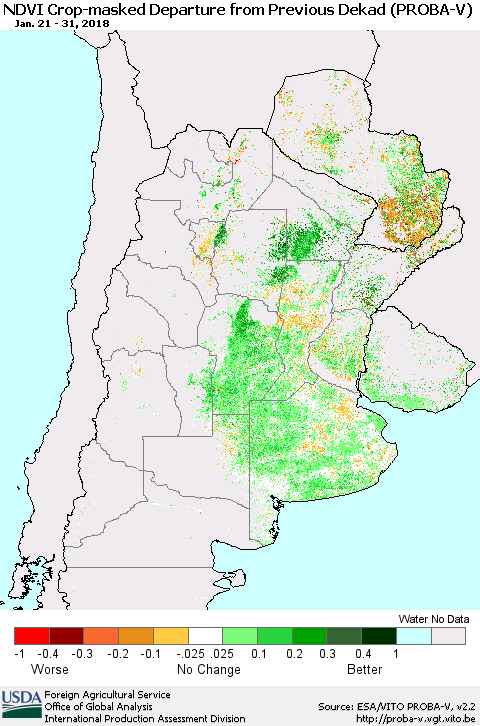 Southern South America NDVI Crop-masked Departure from Previous Dekad (PROBA-V) Thematic Map For 1/21/2018 - 1/31/2018