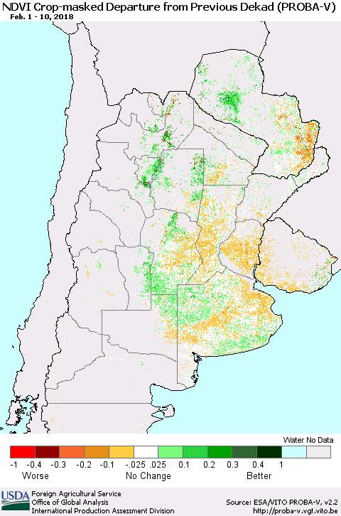 Southern South America NDVI Crop-masked Departure from Previous Dekad (PROBA-V) Thematic Map For 2/1/2018 - 2/10/2018