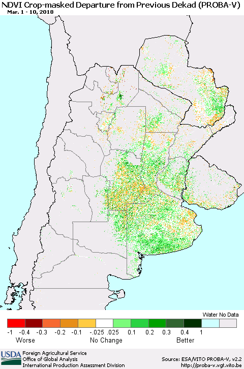 Southern South America NDVI Crop-masked Departure from Previous Dekad (PROBA-V) Thematic Map For 3/1/2018 - 3/10/2018
