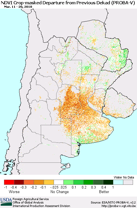 Southern South America NDVI Crop-masked Departure from Previous Dekad (PROBA-V) Thematic Map For 3/11/2018 - 3/20/2018