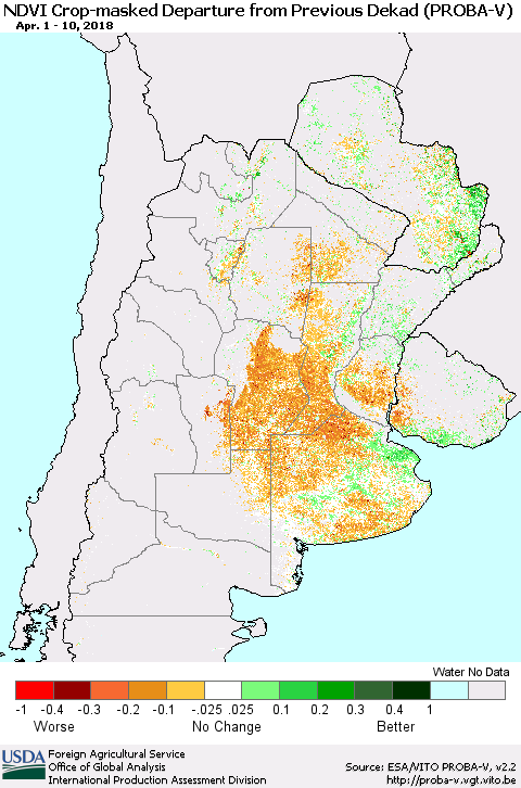 Southern South America NDVI Crop-masked Departure from Previous Dekad (PROBA-V) Thematic Map For 4/1/2018 - 4/10/2018