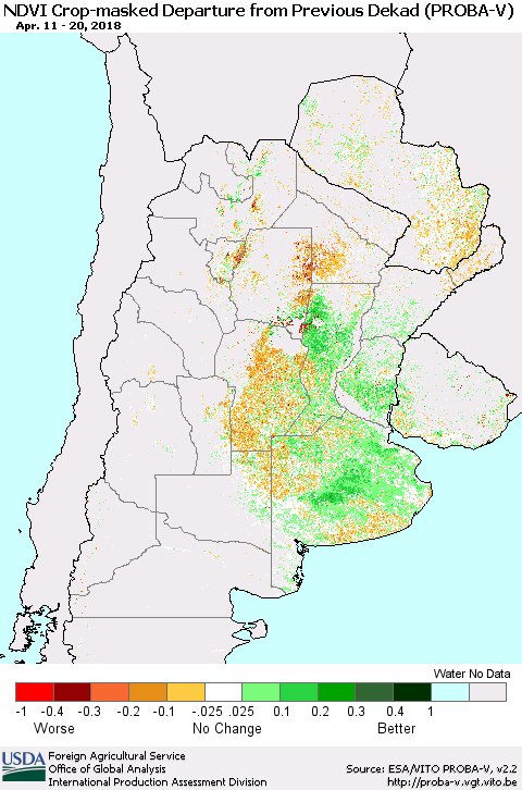 Southern South America NDVI Crop-masked Departure from Previous Dekad (PROBA-V) Thematic Map For 4/11/2018 - 4/20/2018
