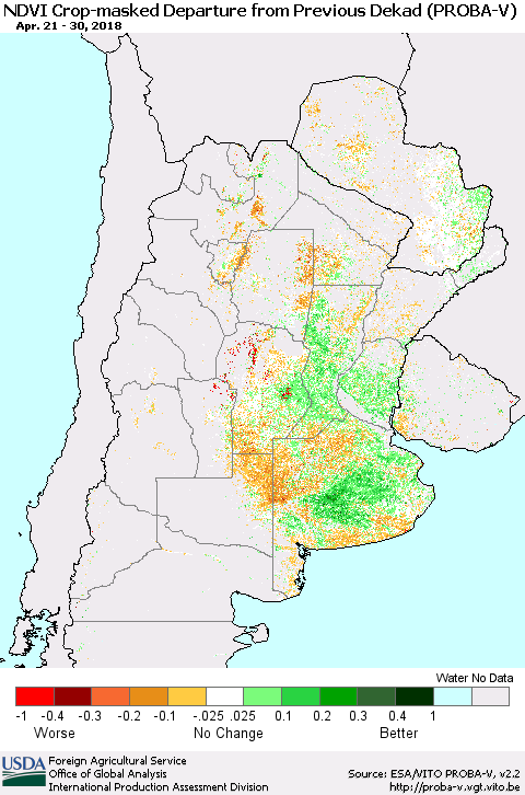 Southern South America NDVI Crop-masked Departure from Previous Dekad (PROBA-V) Thematic Map For 4/21/2018 - 4/30/2018