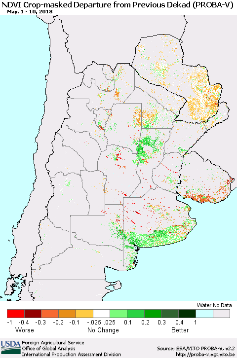 Southern South America NDVI Crop-masked Departure from Previous Dekad (PROBA-V) Thematic Map For 5/1/2018 - 5/10/2018