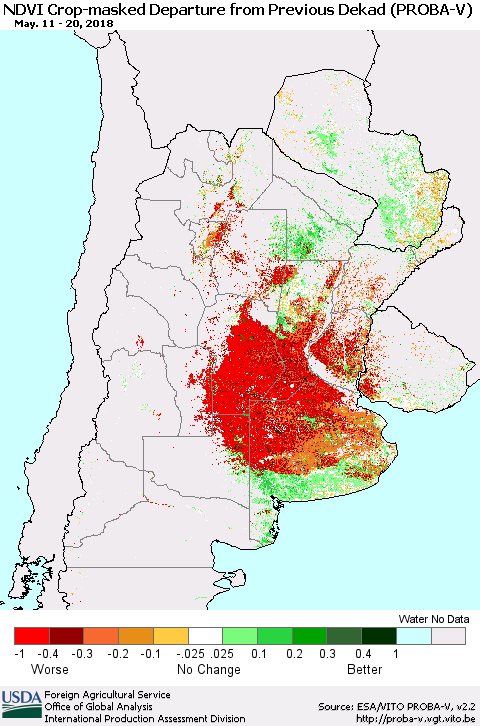 Southern South America NDVI Crop-masked Departure from Previous Dekad (PROBA-V) Thematic Map For 5/11/2018 - 5/20/2018