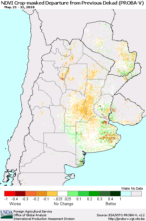 Southern South America NDVI Crop-masked Departure from Previous Dekad (PROBA-V) Thematic Map For 5/21/2018 - 5/31/2018