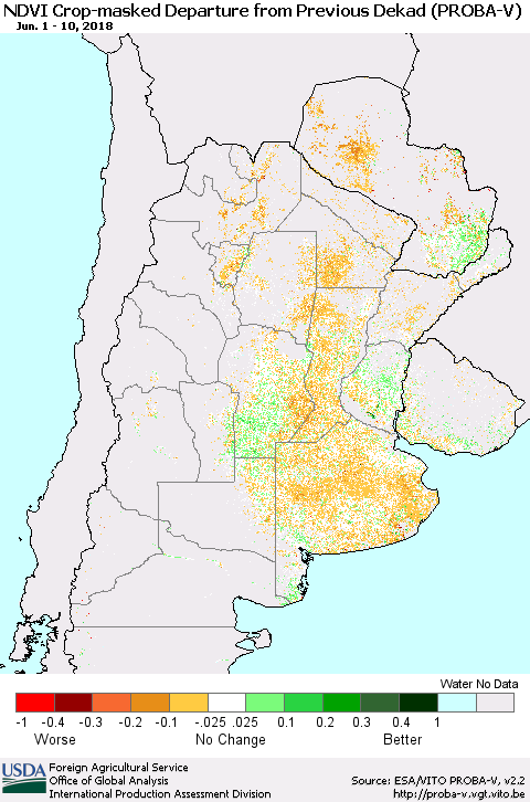 Southern South America NDVI Crop-masked Departure from Previous Dekad (PROBA-V) Thematic Map For 6/1/2018 - 6/10/2018