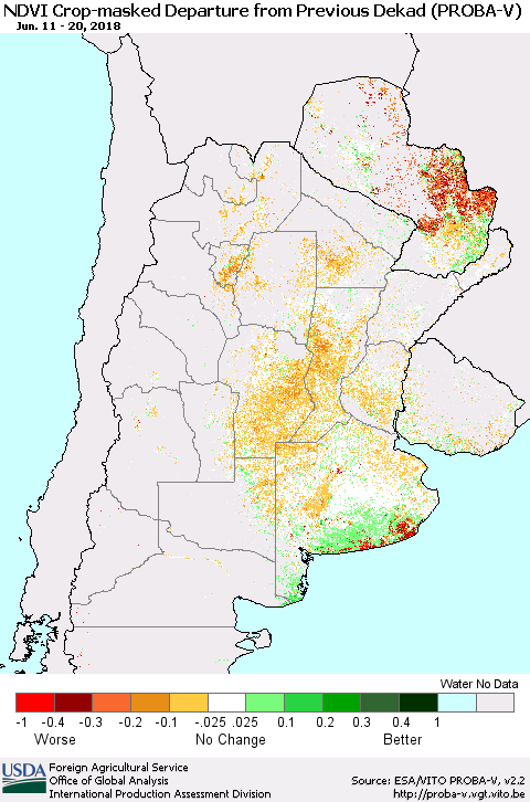Southern South America NDVI Crop-masked Departure from Previous Dekad (PROBA-V) Thematic Map For 6/11/2018 - 6/20/2018