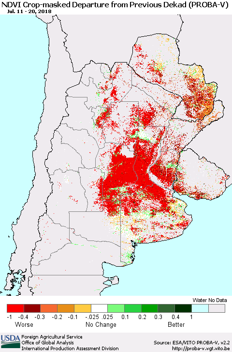 Southern South America NDVI Crop-masked Departure from Previous Dekad (PROBA-V) Thematic Map For 7/11/2018 - 7/20/2018