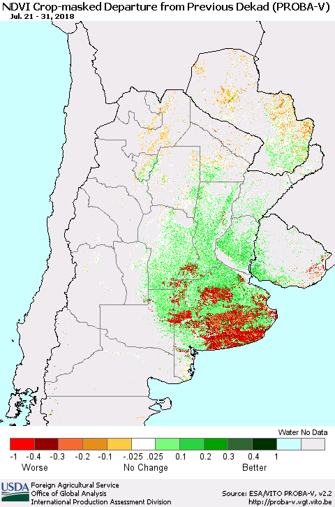 Southern South America NDVI Crop-masked Departure from Previous Dekad (PROBA-V) Thematic Map For 7/21/2018 - 7/31/2018