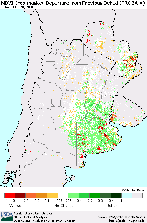 Southern South America NDVI Crop-masked Departure from Previous Dekad (PROBA-V) Thematic Map For 8/11/2018 - 8/20/2018