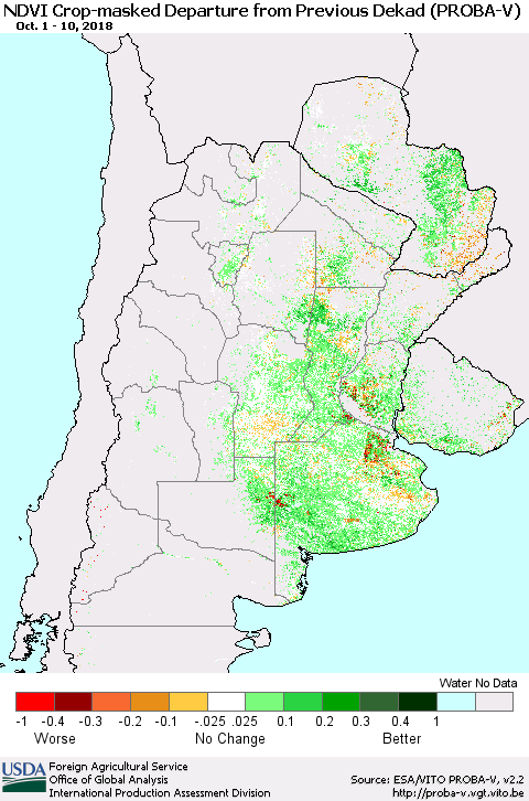 Southern South America NDVI Crop-masked Departure from Previous Dekad (PROBA-V) Thematic Map For 10/1/2018 - 10/10/2018