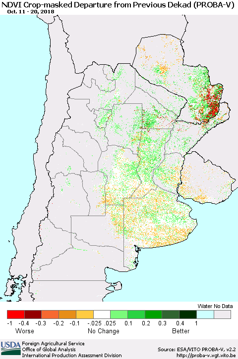 Southern South America NDVI Crop-masked Departure from Previous Dekad (PROBA-V) Thematic Map For 10/11/2018 - 10/20/2018
