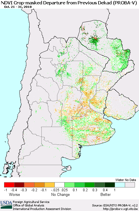 Southern South America NDVI Crop-masked Departure from Previous Dekad (PROBA-V) Thematic Map For 10/21/2018 - 10/31/2018