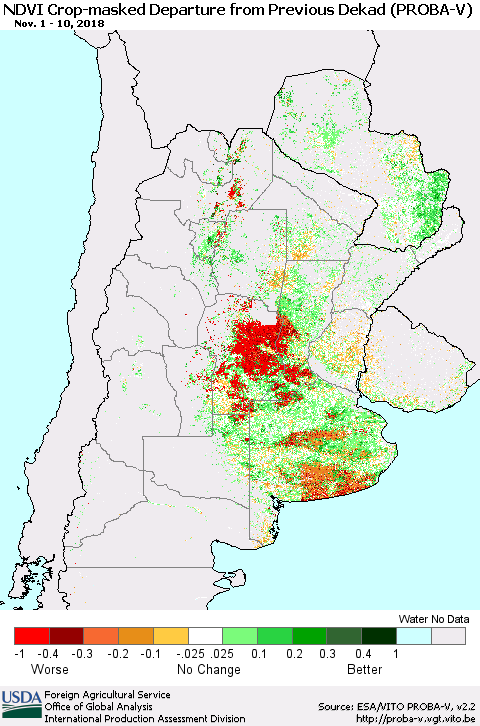 Southern South America NDVI Crop-masked Departure from Previous Dekad (PROBA-V) Thematic Map For 11/1/2018 - 11/10/2018