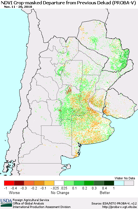 Southern South America NDVI Crop-masked Departure from Previous Dekad (PROBA-V) Thematic Map For 11/11/2018 - 11/20/2018