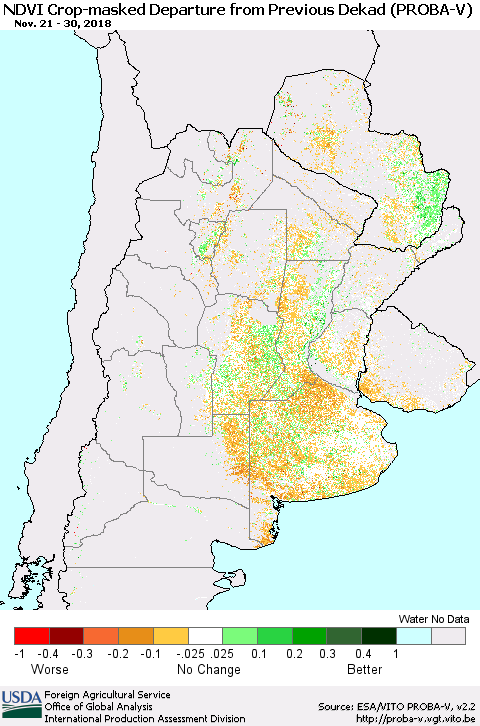 Southern South America NDVI Crop-masked Departure from Previous Dekad (PROBA-V) Thematic Map For 11/21/2018 - 11/30/2018
