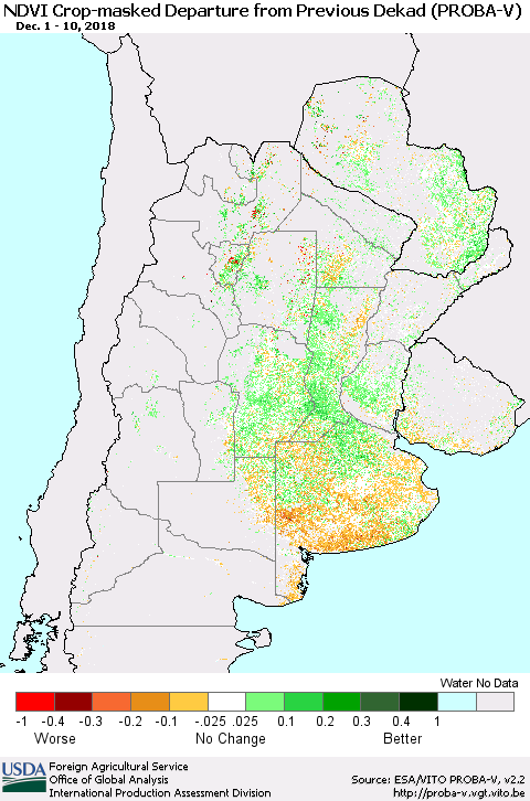 Southern South America NDVI Crop-masked Departure from Previous Dekad (PROBA-V) Thematic Map For 12/1/2018 - 12/10/2018