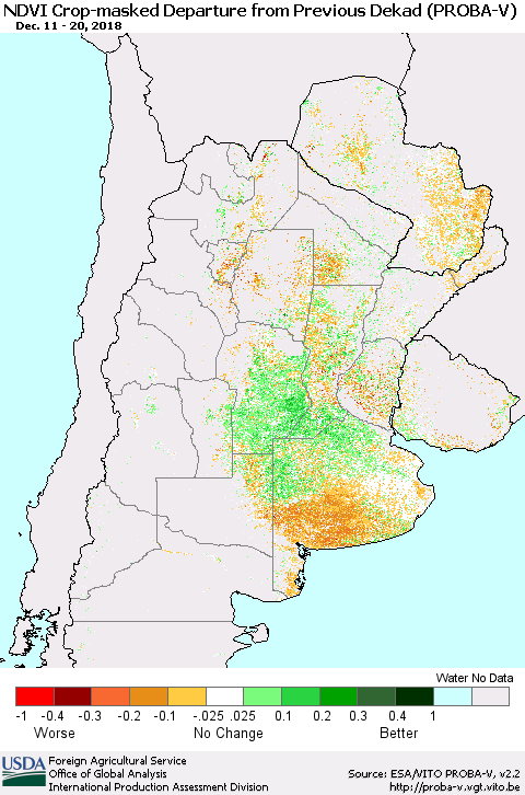 Southern South America NDVI Crop-masked Departure from Previous Dekad (PROBA-V) Thematic Map For 12/11/2018 - 12/20/2018