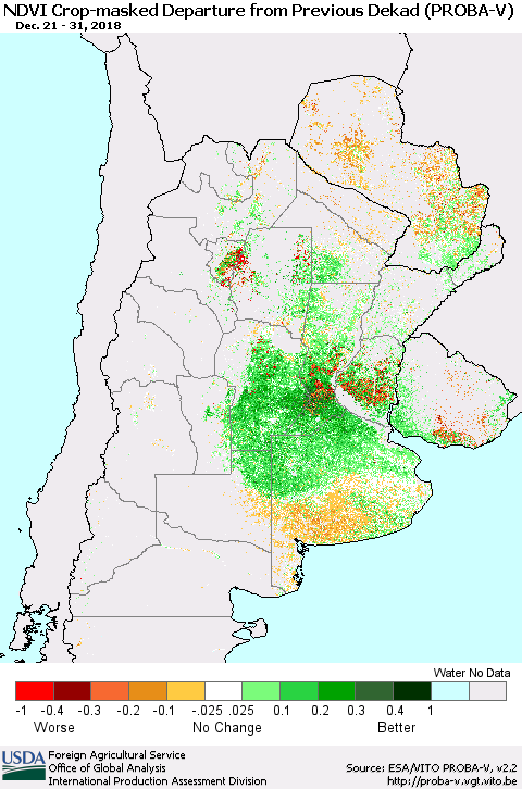 Southern South America NDVI Crop-masked Departure from Previous Dekad (PROBA-V) Thematic Map For 12/21/2018 - 12/31/2018