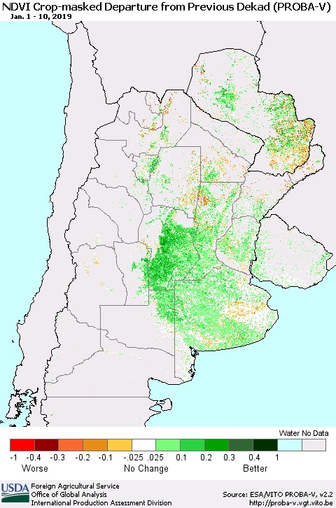 Southern South America NDVI Crop-masked Departure from Previous Dekad (PROBA-V) Thematic Map For 1/1/2019 - 1/10/2019