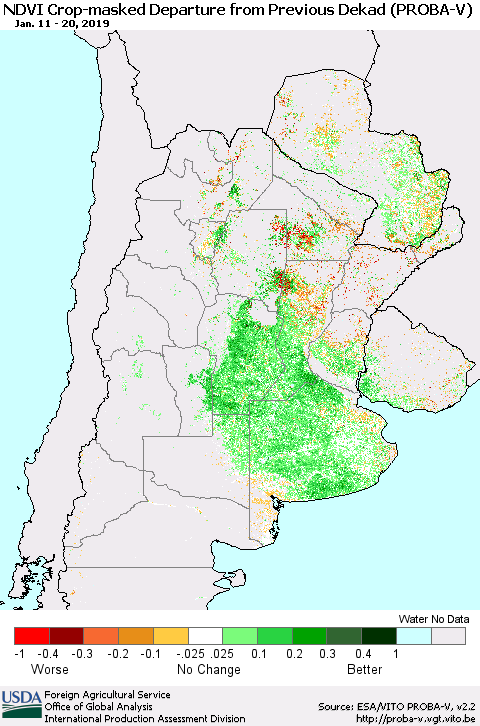 Southern South America NDVI Crop-masked Departure from Previous Dekad (PROBA-V) Thematic Map For 1/11/2019 - 1/20/2019