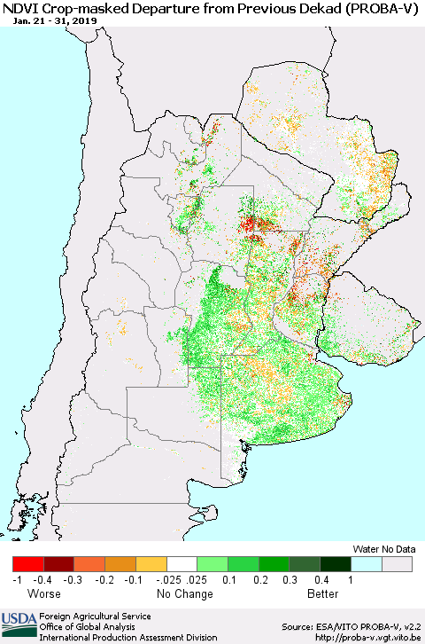 Southern South America NDVI Crop-masked Departure from Previous Dekad (PROBA-V) Thematic Map For 1/21/2019 - 1/31/2019